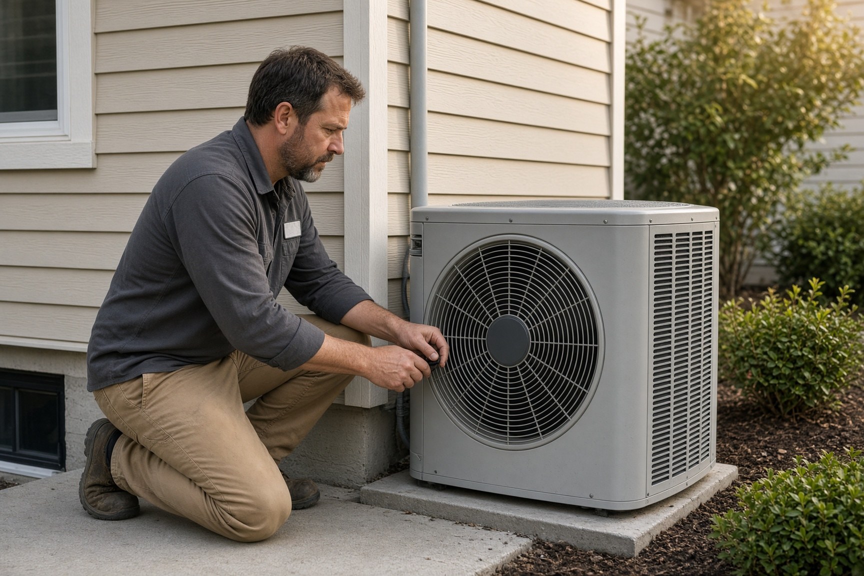 Technician servicing rooftop HVAC